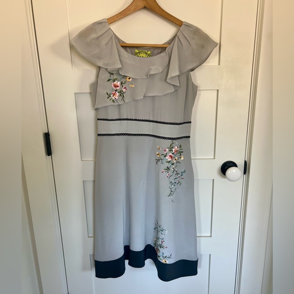 Anthropologie Gray Embroidered Floral Midi Dress